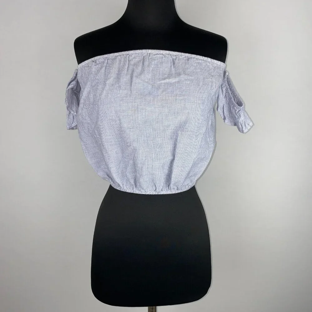 Brandy Melville Off The Shoulder Crop Top One Size Blue White Striped Beach Boho - Picture 5 of 16